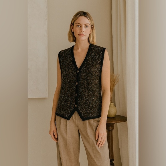 MARELLA Sweaters - Vintage Sweater Vest Marella Multicolour Tweed Black V Neck Gold Button Size S